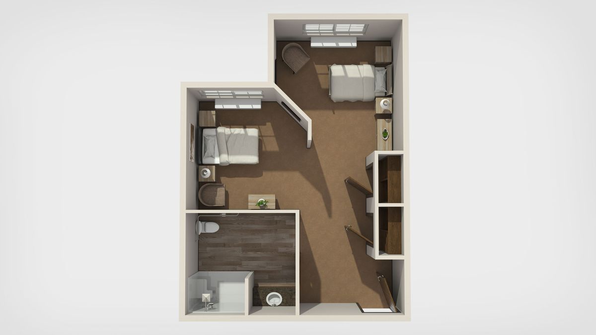 A 3D view of an apartment floor plan featuring two bedrooms and a living space.