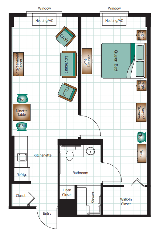 A floor plan of a one-bedroom apartment featuring a bathroom, kitchenette, and living area.
