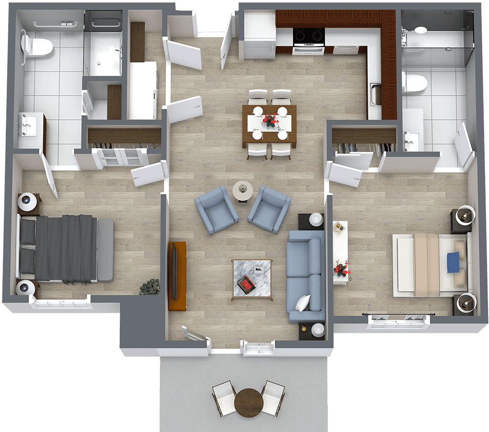 A detailed floor plan of a two-bedroom apartment featuring a living room, kitchen, and bathrooms.