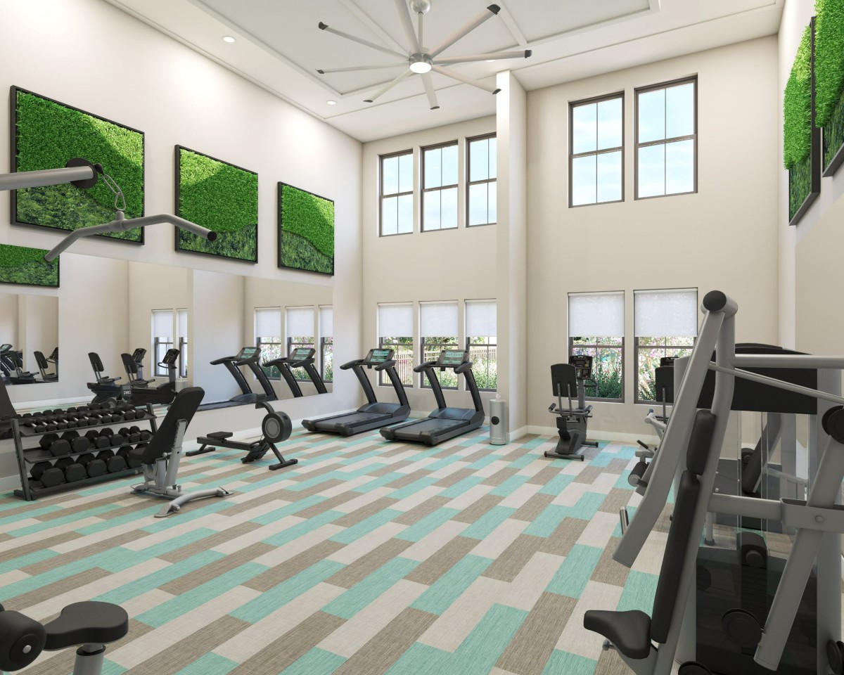 A modern gym with various exercise equipment and bright natural lighting.