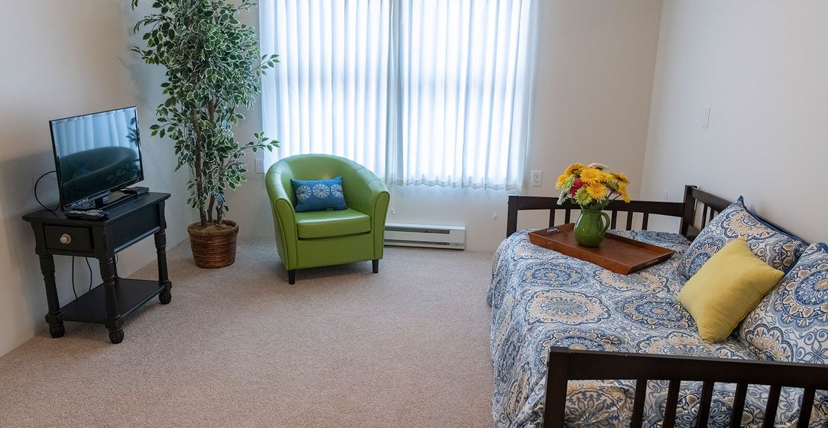 A cozy living space featuring a bright green chair, potted plant, and a decorative bedspread.