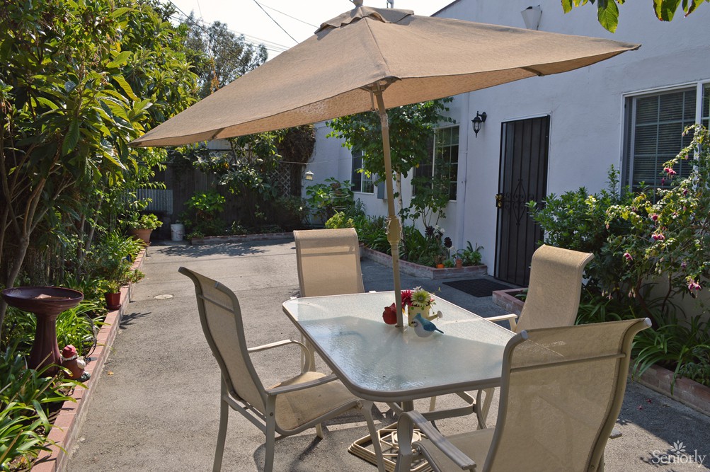 A sunny backyard patio with a table, chairs, and an umbrella.