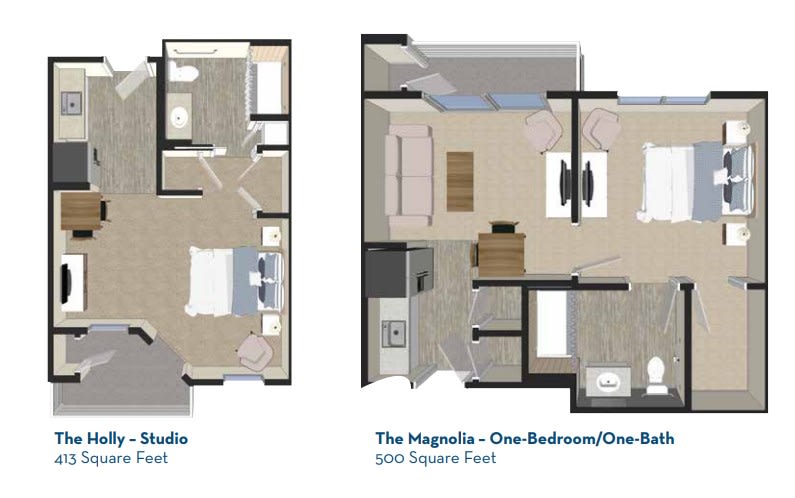 A comparison of two apartment layouts: a studio and a one-bedroom unit.