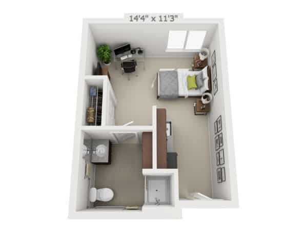 A 3D floor plan of a compact studio apartment with designated areas for sleeping, working, and a bathroom.