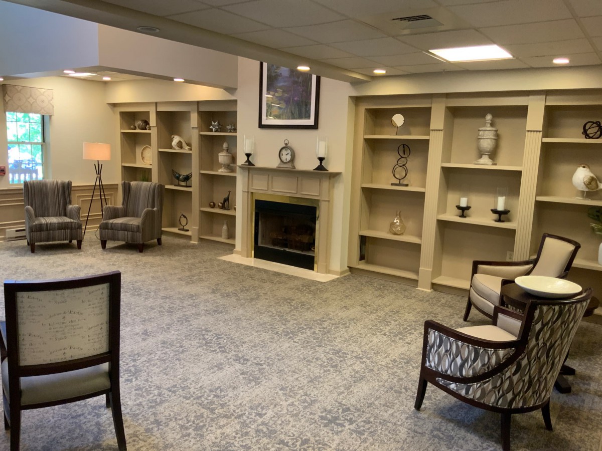 A cozy living room with a fireplace, surrounded by bookshelves and elegant decor.