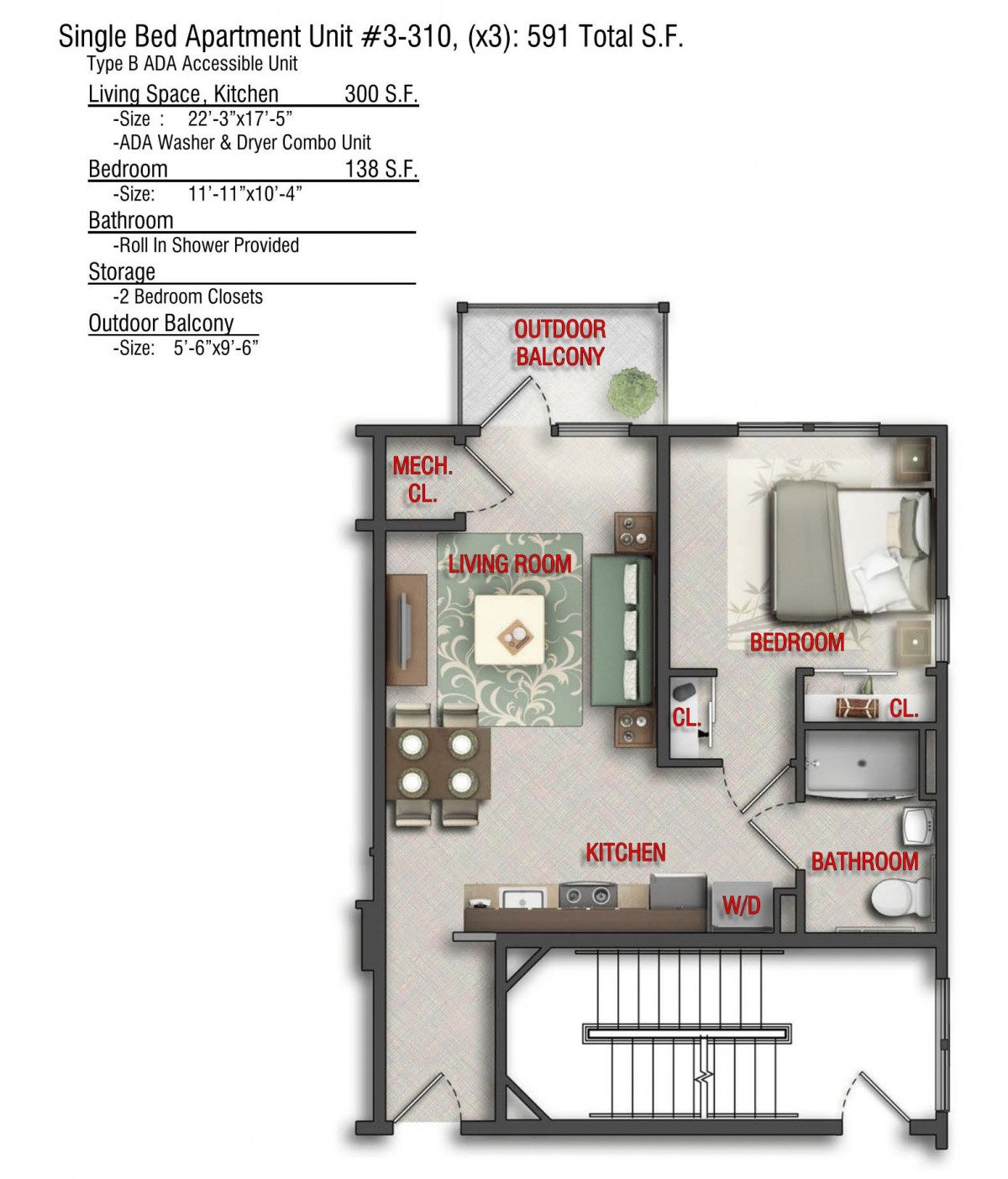 This is a floor plan of a one-bedroom apartment featuring a living room, kitchen, bedroom, bathroom, and entryway with specified dimensions.