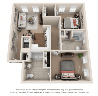 A 3D rendered floor plan of a modern apartment showcasing a layout with multiple rooms, including bedrooms, kitchen, living area, and bathroom.
