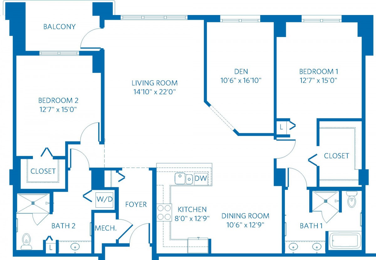 A detailed floor plan of an apartment showing various rooms and dimensions.