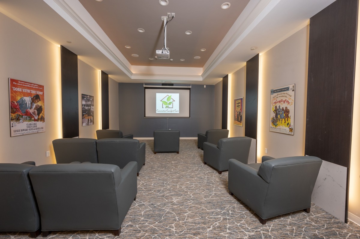 A modern home theater setup with comfortable seating and a large projector screen.