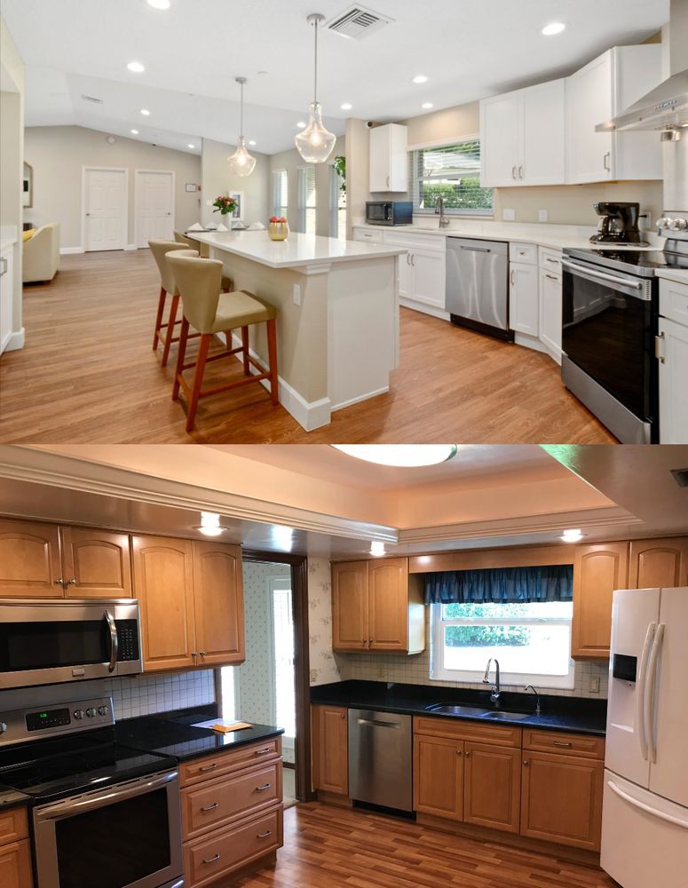 Comparison of two modern kitchens with different designs.
