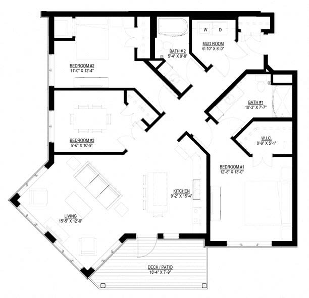 A detailed floor plan showing the layout of a multi-room space.