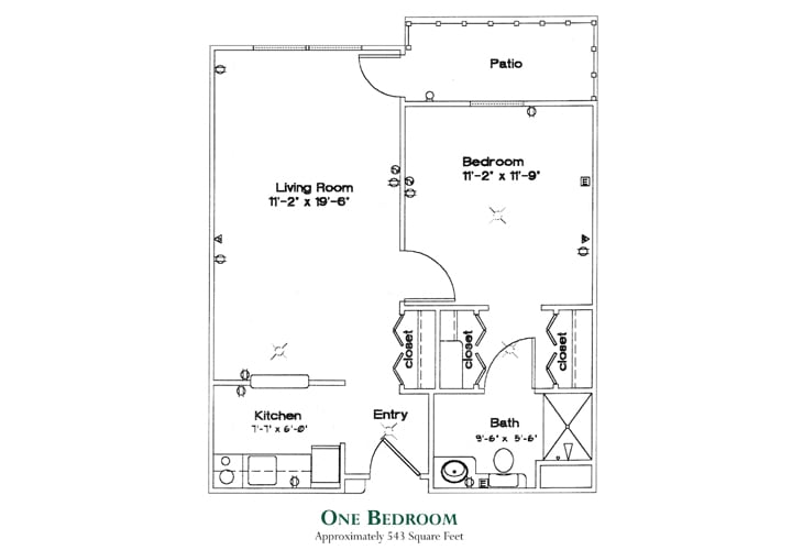 Blueprint of a one-bedroom apartment featuring living room, kitchen, bathroom, bedroom, and patio.