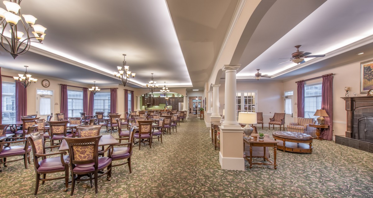 Spacious dining area with elegant furniture and lighting.