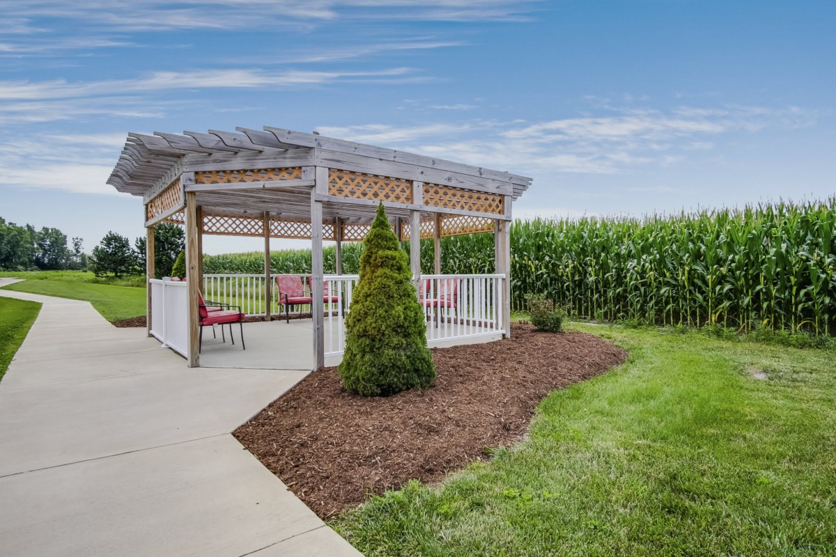 A backyard pergola with seating area surrounded by lush landscaping and a cornfield backdrop.