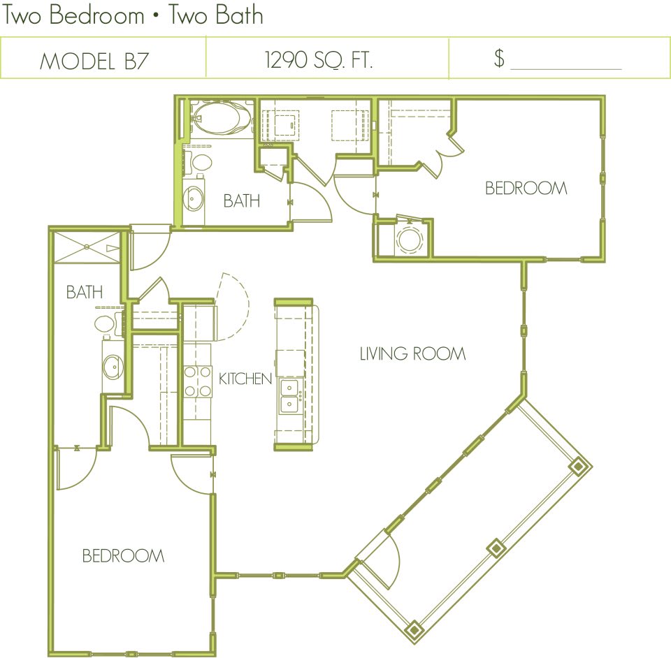 A detailed floor plan of a two-bedroom, two-bathroom apartment layout.