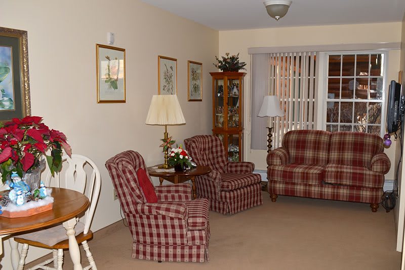 A cozy living room with plaid furniture and decorative accents.