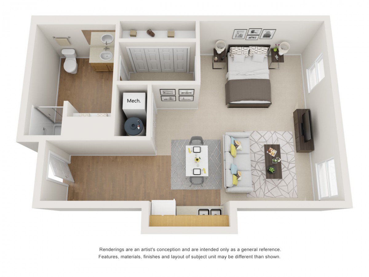 A 3D floor plan of a one-bedroom apartment featuring a living room, kitchen, bathroom, and bedroom.