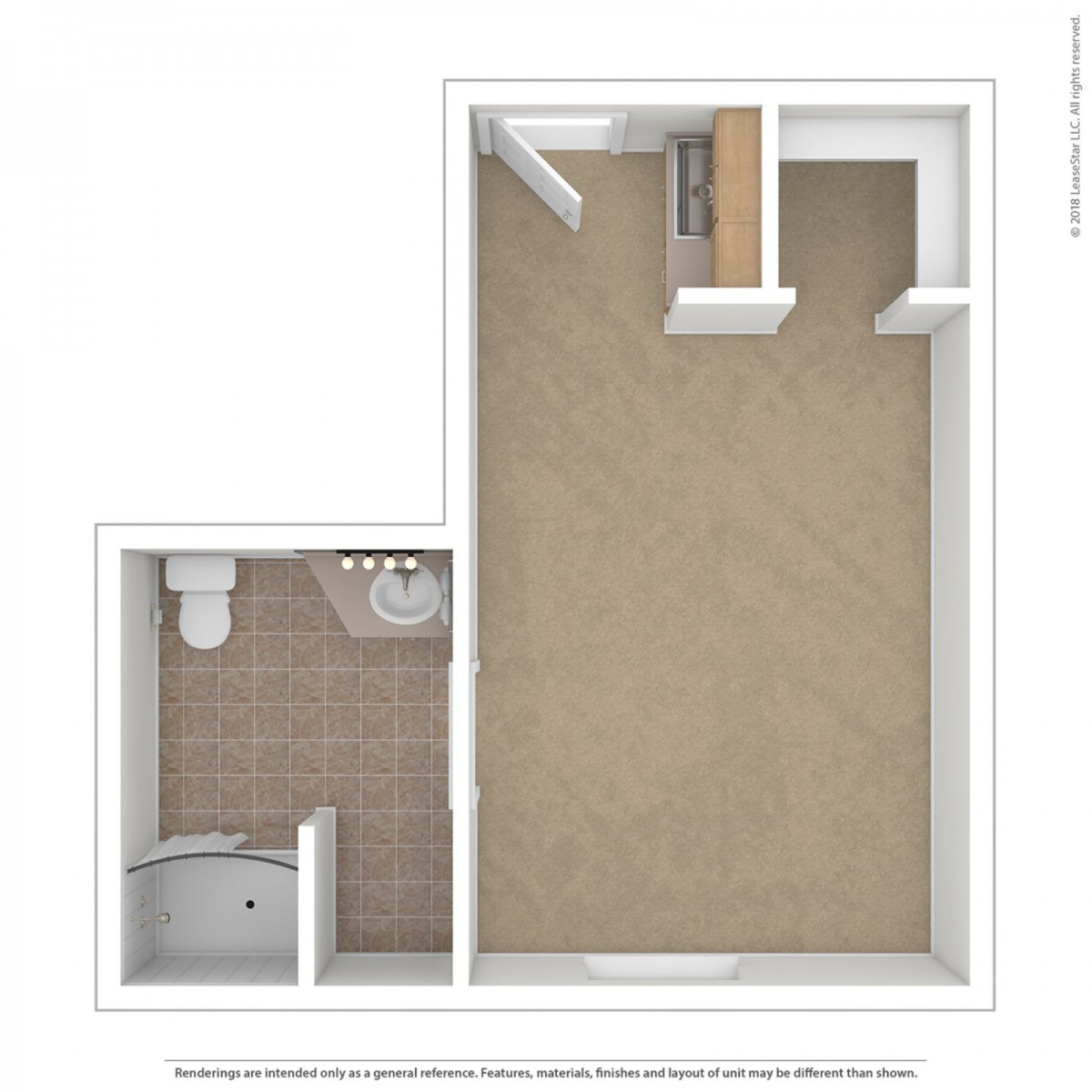 A studio apartment floor plan with a bathroom and main living area.