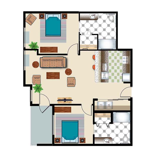 A floor plan depicting a two-bedroom apartment with a living room, kitchen, and bathroom.