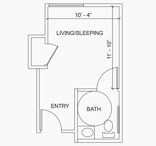 A minimalist floor plan for a compact studio apartment featuring a living/sleeping area and a bathroom.