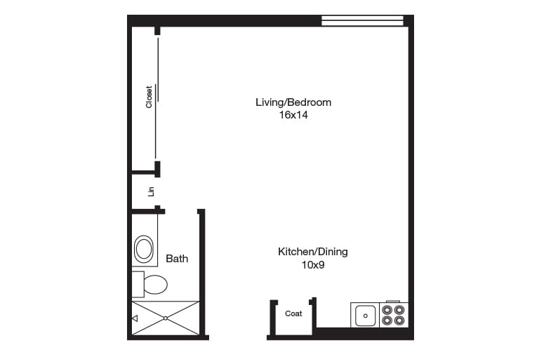 A simple floor plan layout of a studio apartment featuring a living/bedroom area, kitchen/dining space, and bathroom.