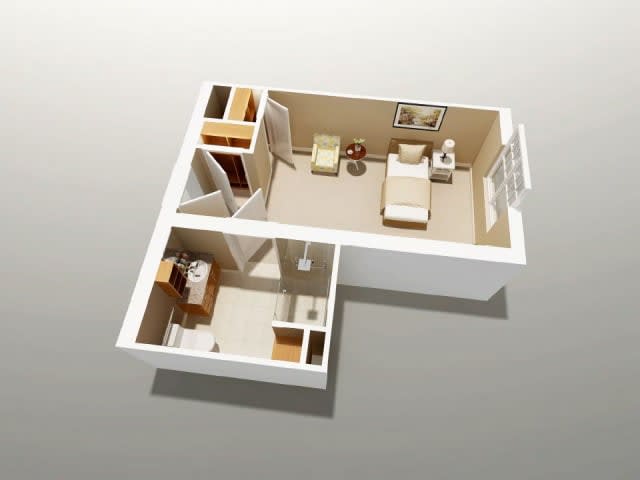 A 3D floor plan model featuring a bedroom and a bathroom.