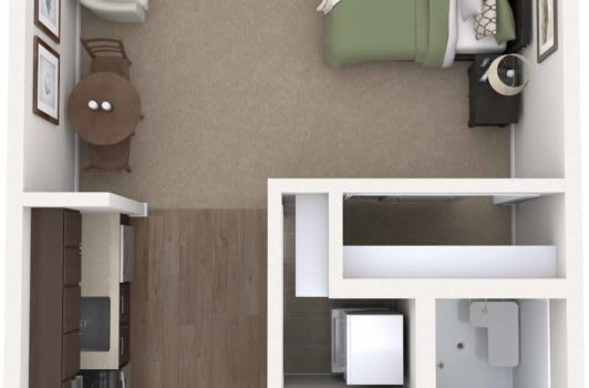 Aerial view of a floor plan showing room layouts and furniture arrangement.