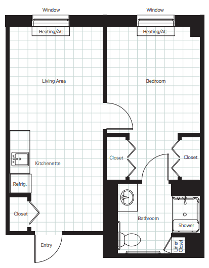 A detailed floor plan of an apartment showing a living room, bedroom, kitchen, bathroom, and closets.