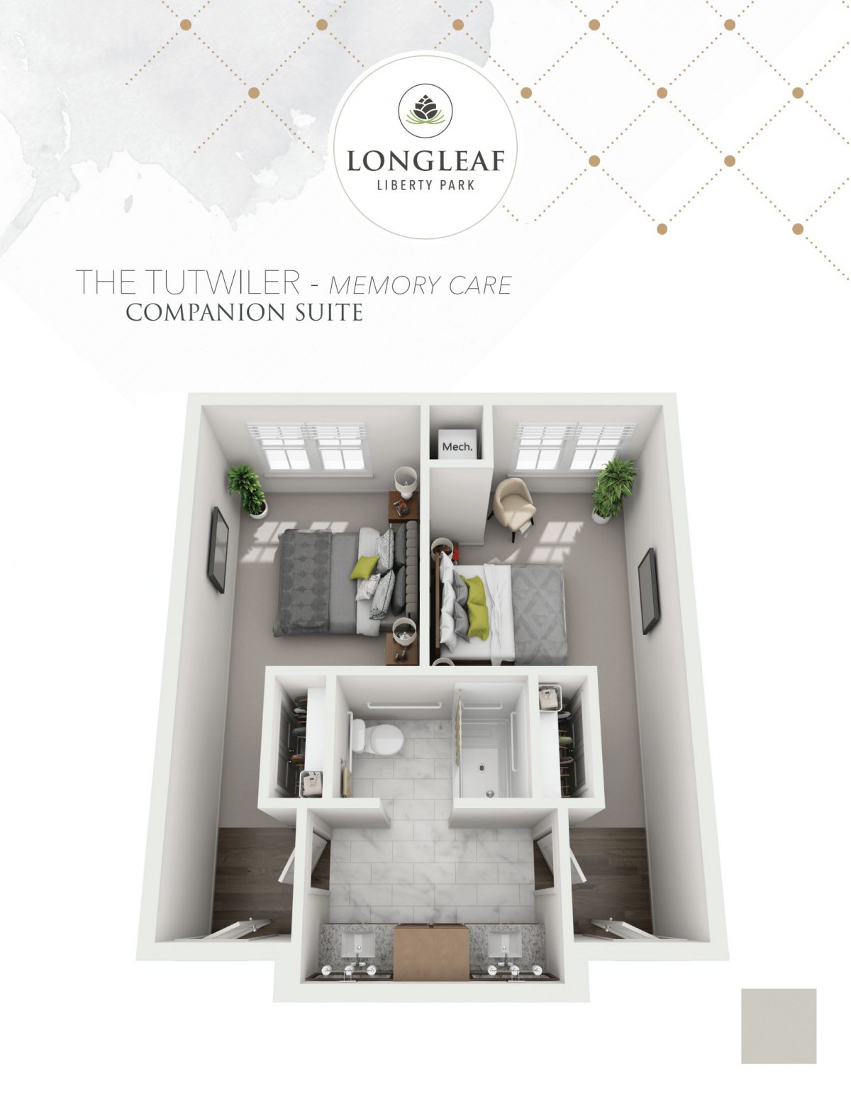 3D floor plan of the Longleaf Senior Care companion suite.