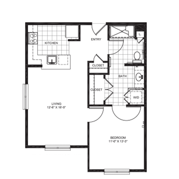 A floor plan of a one-bedroom apartment featuring a living room, kitchen, bathroom, and dining area.