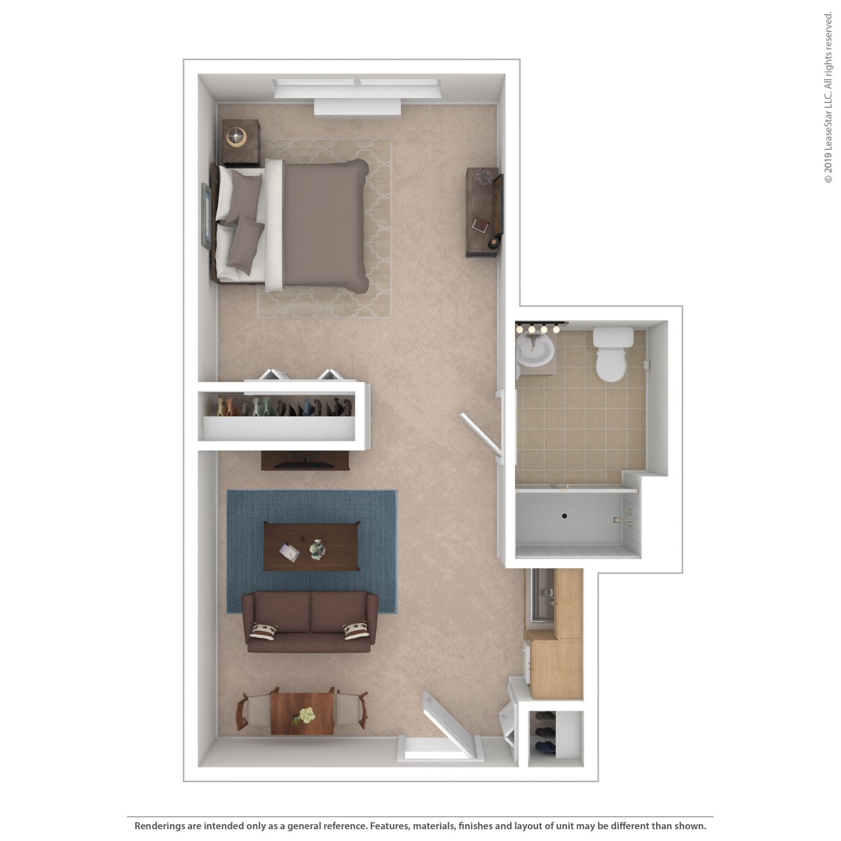 A floor plan of a one-bedroom apartment featuring a living room, kitchen, and bathroom.
