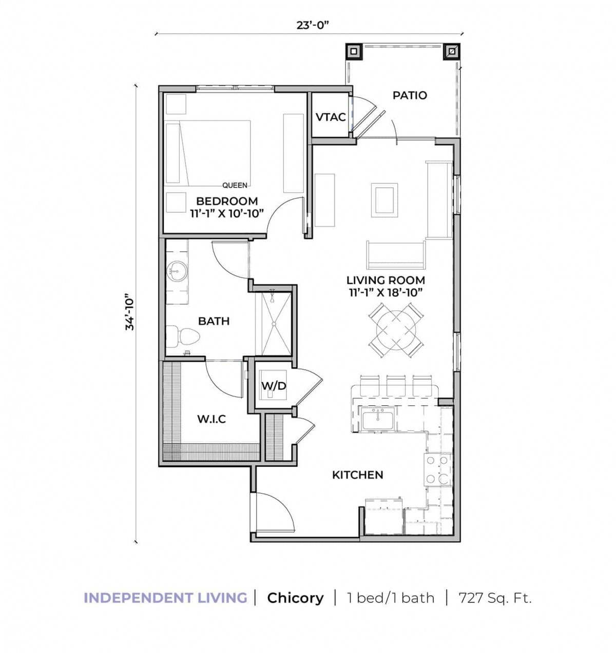A floor plan of a compact one-bedroom living space featuring a kitchen, living room, and bathroom.