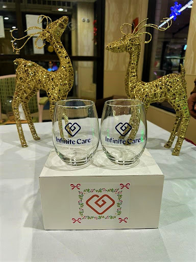 A stylish setup featuring decorative giraffes and elegant glassware.