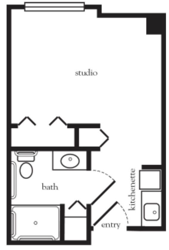 A floor plan of a studio apartment featuring a bathroom and kitchenette.