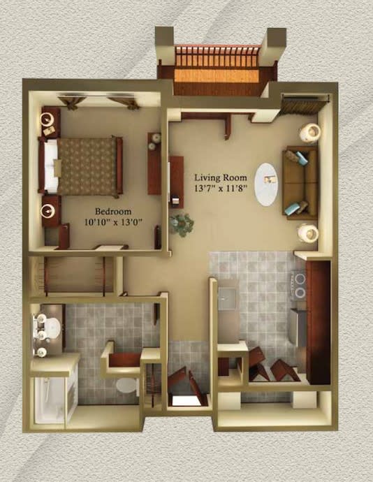 A floor plan of a one-bedroom apartment featuring a living room, kitchen, and bathroom.