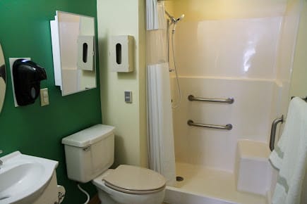 An accessible bathroom with a toilet, shower with grab bars, and a mirror.