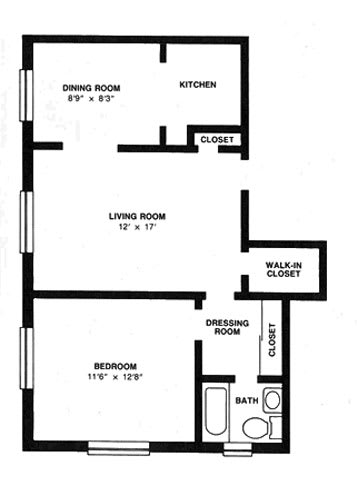 Floor plan of a one-bedroom apartment with labeled rooms and dimensions.