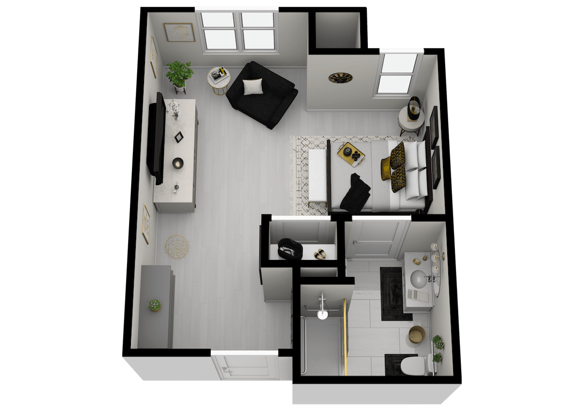 A 3D rendered floor plan of a small apartment featuring a living room, bedroom, and bathroom layout.