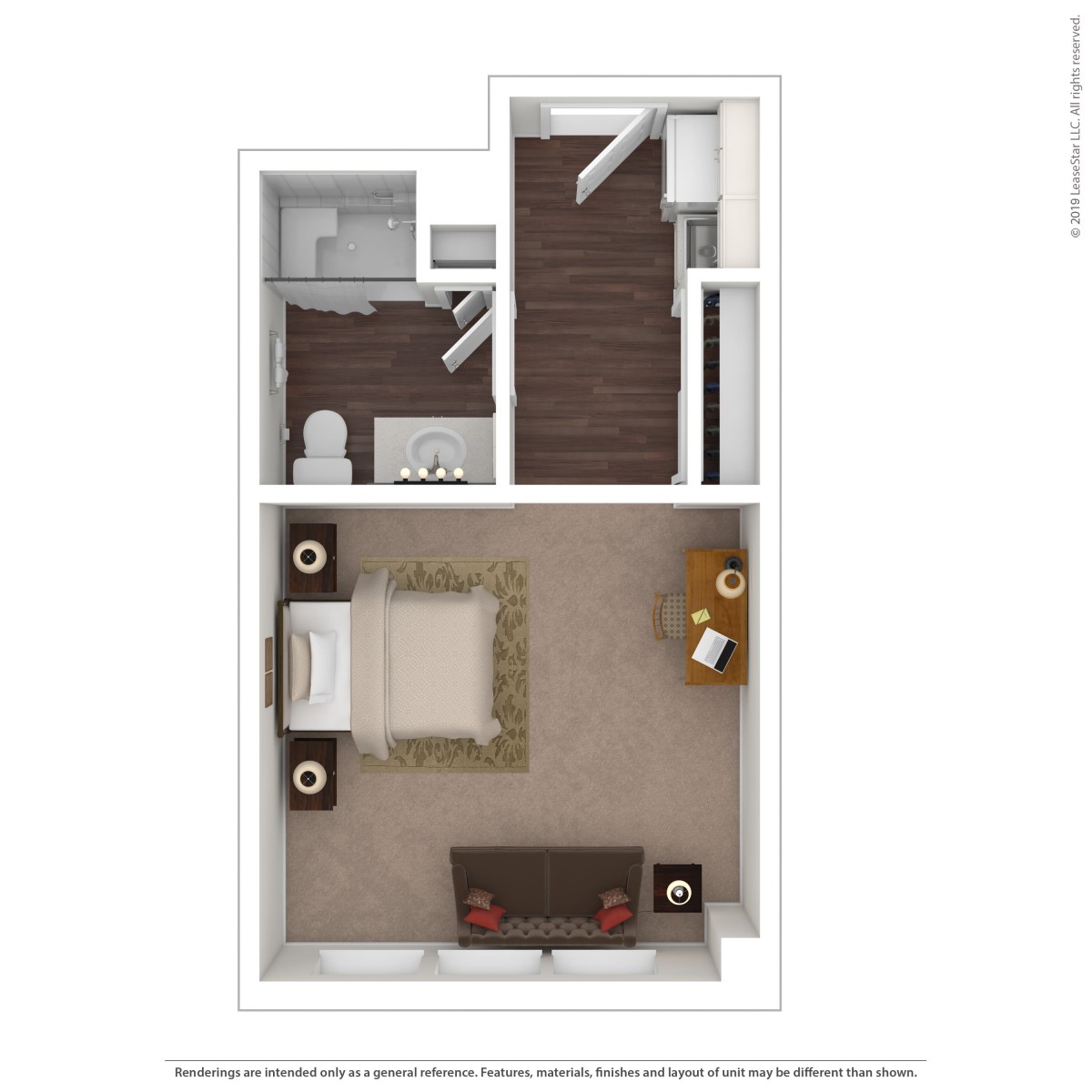 A floor plan of a studio apartment featuring a bedroom, bathroom, and entryway.