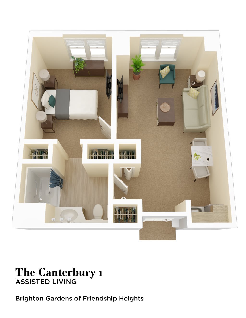 A 3D floor plan of 'The Canterbury' one-bedroom apartment.