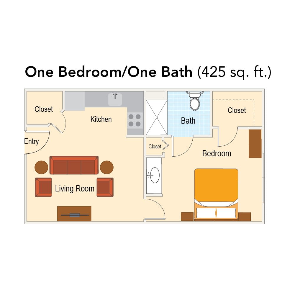 A floor plan showing the layout of a one-bedroom, one-bath apartment with an area of 425 square feet.
