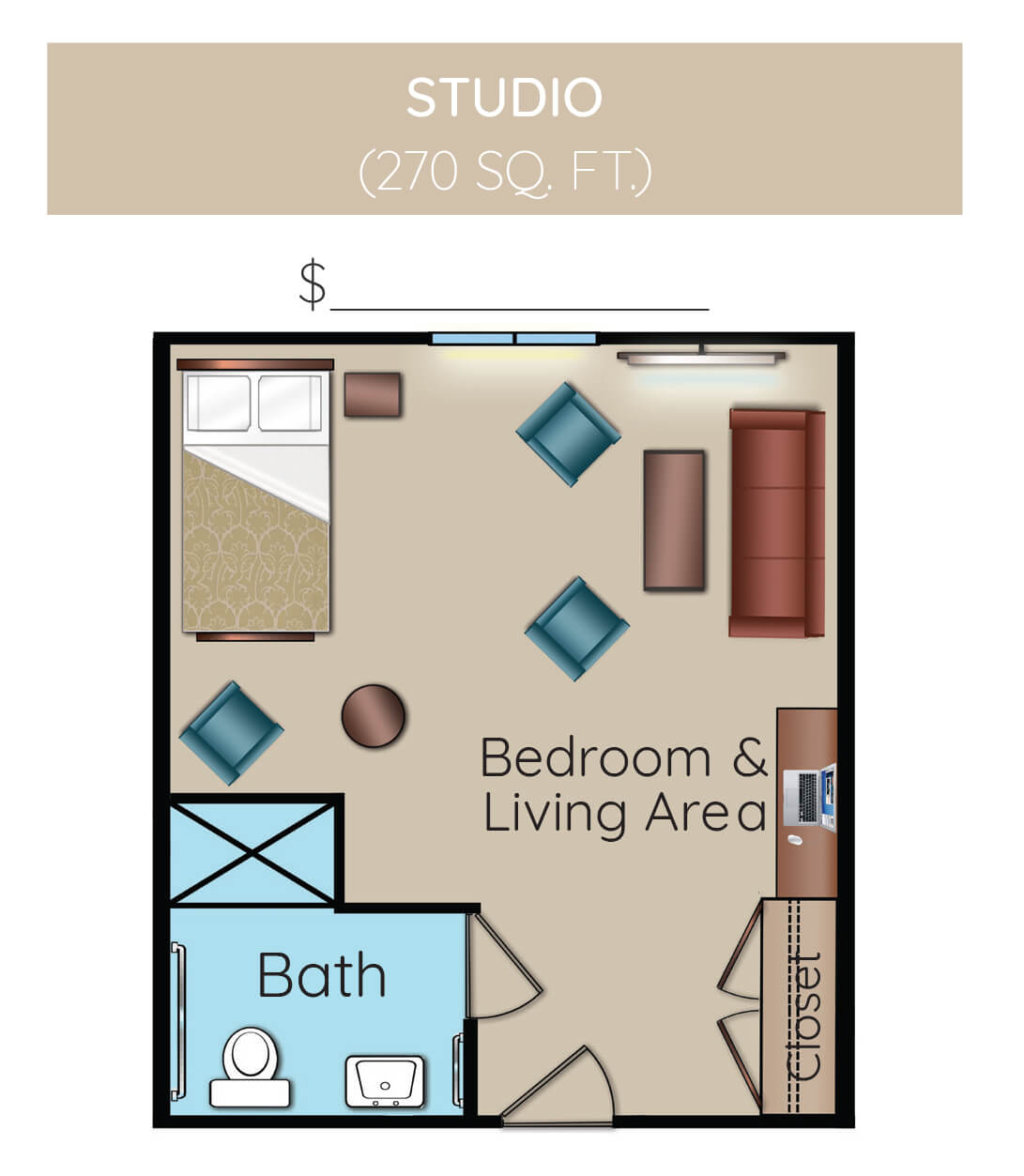 Floor plan of a studio apartment with designated areas for bedroom, living, and bathroom.