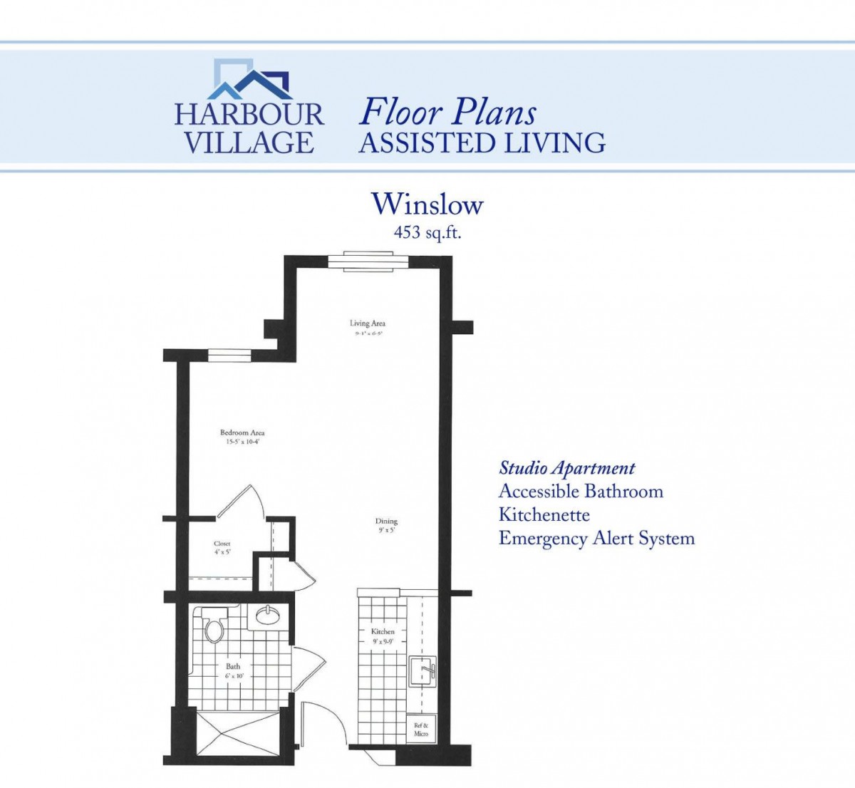 Floor plan of a studio apartment for assisted living at Harbour Village.