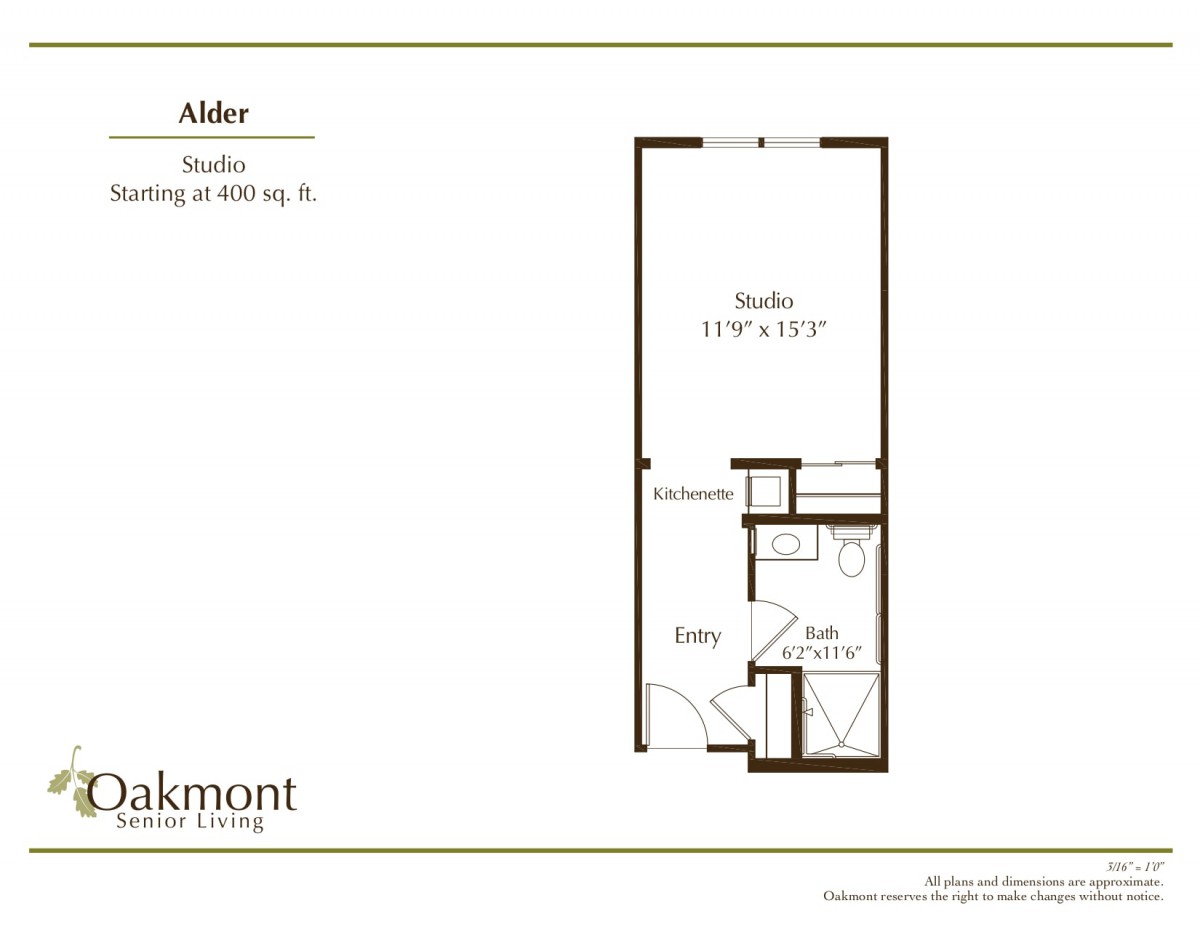 A floor plan of a studio apartment, measuring 400 sq. ft., with designated areas for a kitchen, bathroom, and living space.
