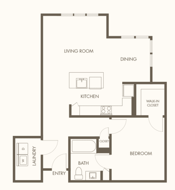 A floor plan of a one-bedroom apartment featuring a living room, kitchen, dining area, bedroom, bathroom, and laundry space.