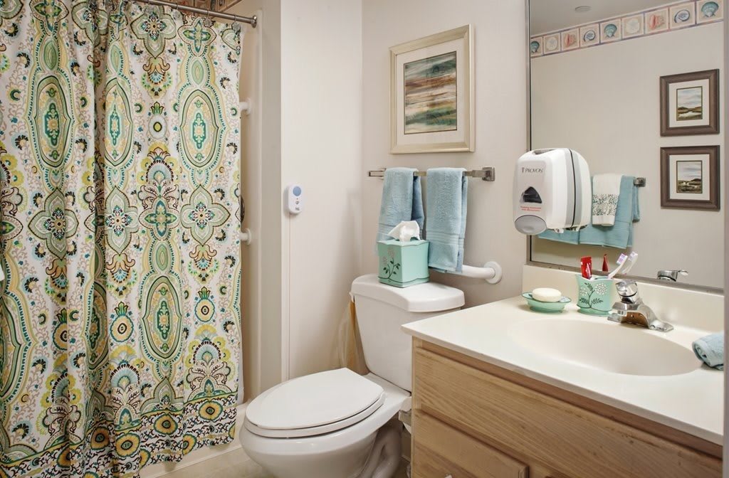 A well-organized bathroom with a patterned shower curtain and neatly arranged toiletries.