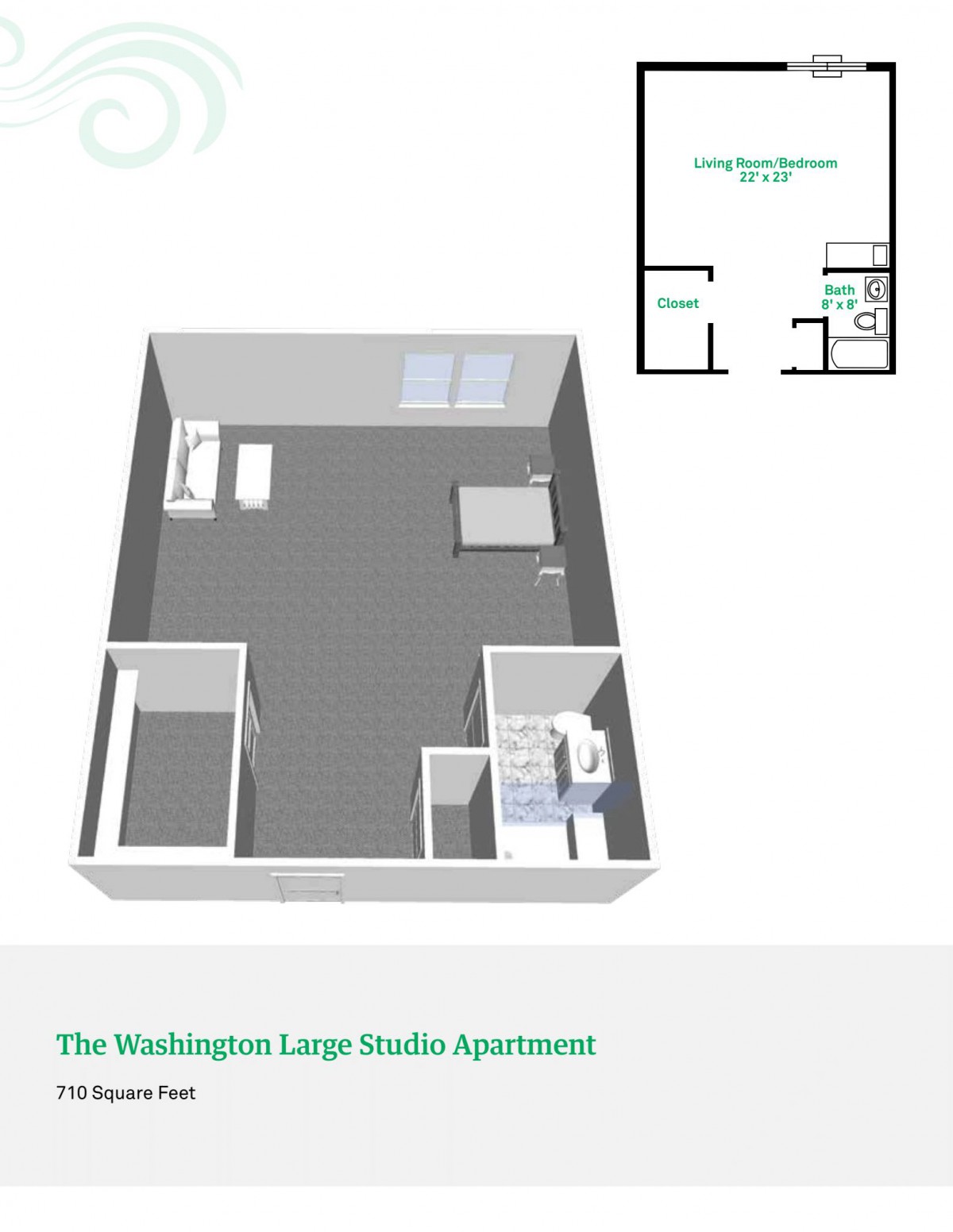 3D floor plan of a large studio apartment.