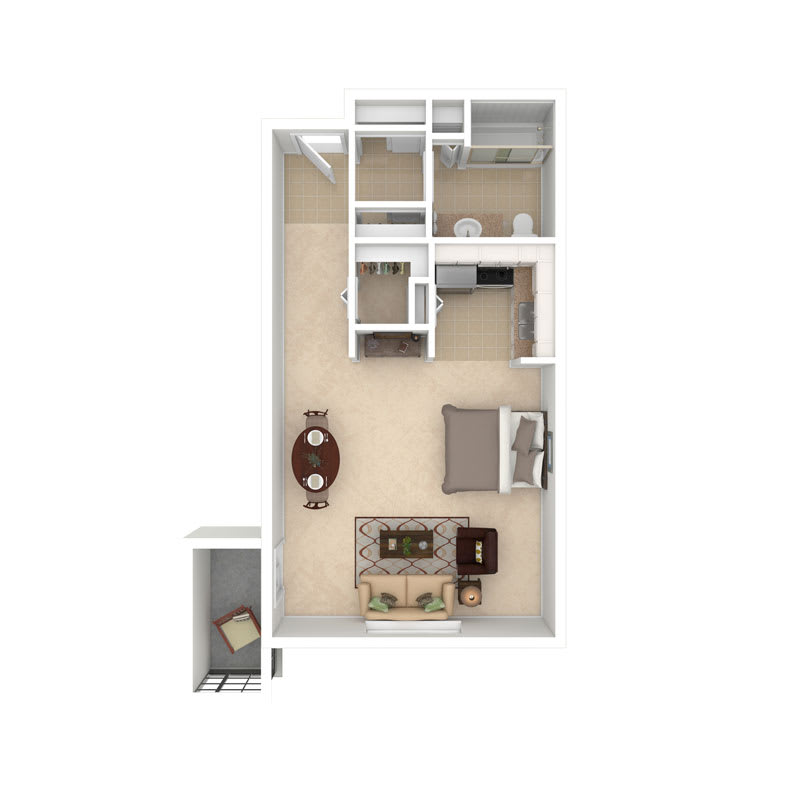 A 3D floor plan of a one-bedroom apartment featuring an open living area and compact kitchen.