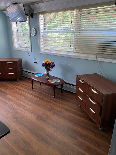 A well-lit living room featuring modern wooden furniture and a vase of flowers.