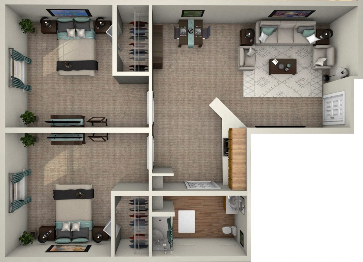 3D floor plan of a modern apartment featuring two bedrooms, a kitchen, and a living area.